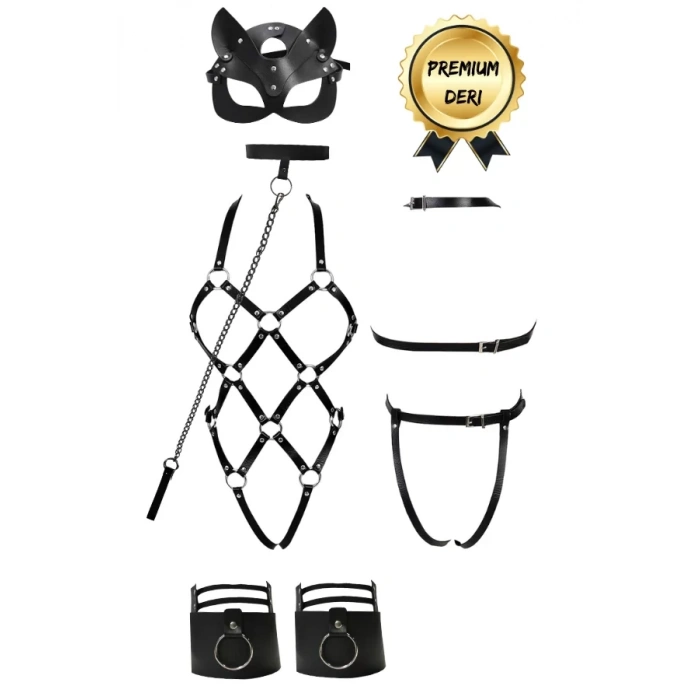 Harness Deri Metal Halkalı Set Maske Tasma Bacak Bandı Body