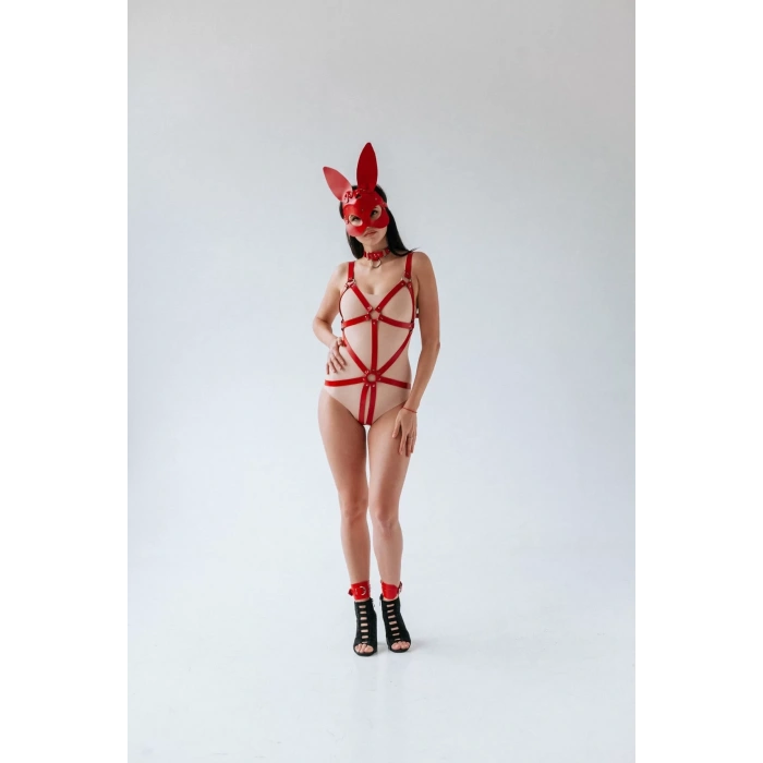 Harness Fantezi Deri 4lü Takım Maske Kemer Kelepçe Body Kırmızı