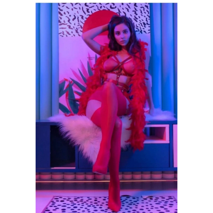 Harness Fantezi Kırmızı Deri Set Sütyen Bel Kemeri 2li Set
