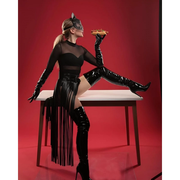 Harness Fantezi Uzun Etek Deri Zincir Maske Siyah Seri