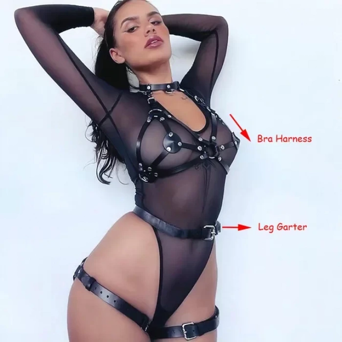 Harness Kolyeli Kapaklı Sütyen Bel ve Bilek Kelepçesi Kırmızı Siyah Deri Set