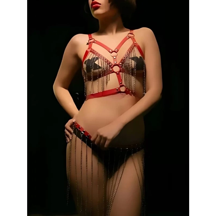 Harness Zincir Etek ve Sütyen Set Kırmızı Siyah