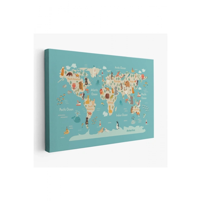 Hayvanlar Alemi Çocuk Odası Dünya Haritası Kanvas Tablo 1013
