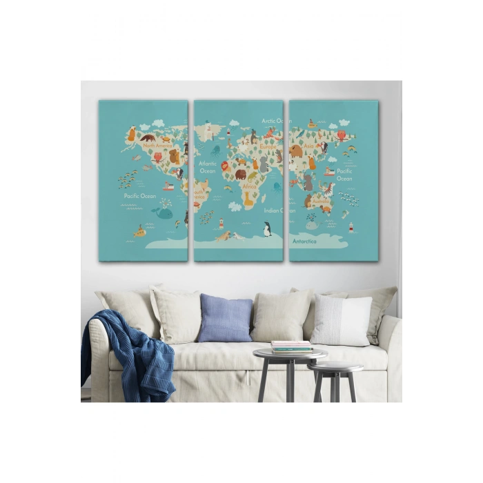 Hayvanlar Alemi Çocuk Odası Dünya Haritası Kanvas Tablo 1013