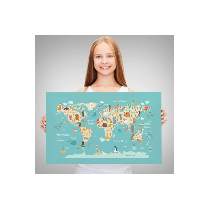 Hayvanlar Alemi Çocuk Odası Dünya Haritası Kanvas Tablo 1013