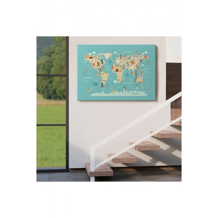 Hayvanlar Alemi Çocuk Odası Dünya Haritası Kanvas Tablo 1013
