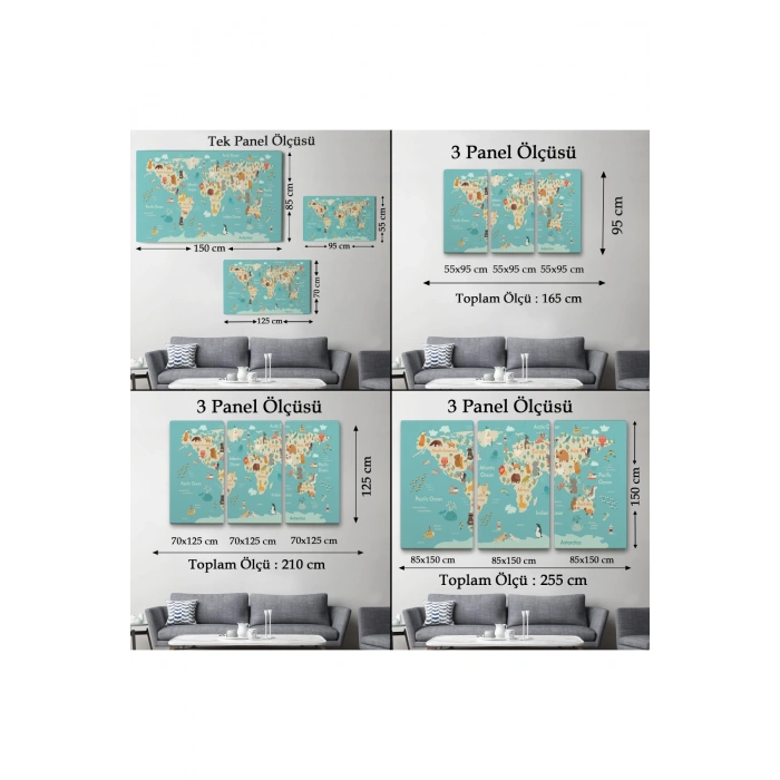 Hayvanlar Alemi Çocuk Odası Dünya Haritası Kanvas Tablo 1013
