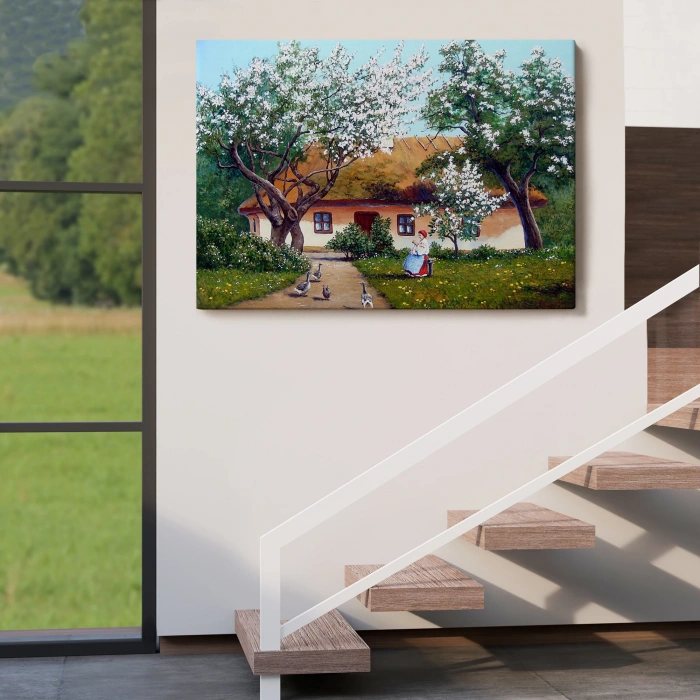 İlkbahar Köy Evi Yağlıboya Görünüm Dekoratif Kanvas Duvar Tablosu-3514
