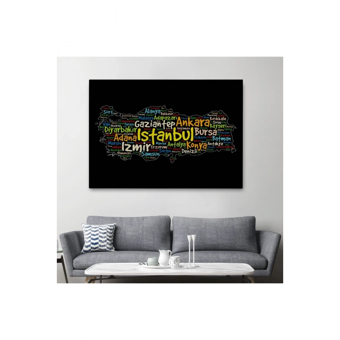 İller İsimli Siyah Zeminli Dekoratif Kanvas Tablo 1005