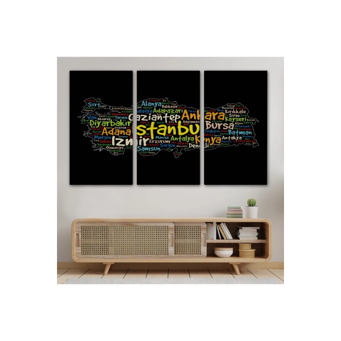 İller İsimli Siyah Zeminli Dekoratif Kanvas Tablo 1005