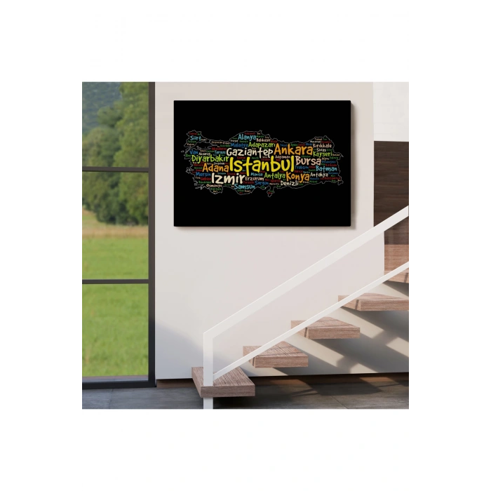 İller İsimli Siyah Zeminli Dekoratif Kanvas Tablo 1005