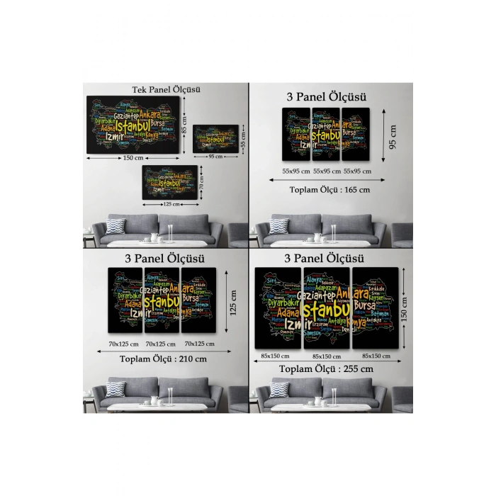 İller İsimli Siyah Zeminli Dekoratif Kanvas Tablo 1005