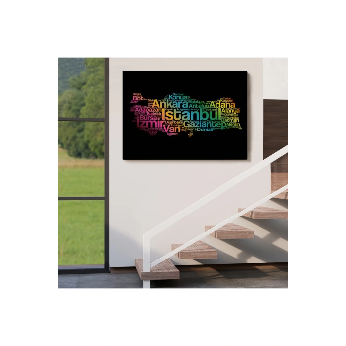 İller İsimli Siyah Zeminli Dekoratif Kanvas Tablo 1016