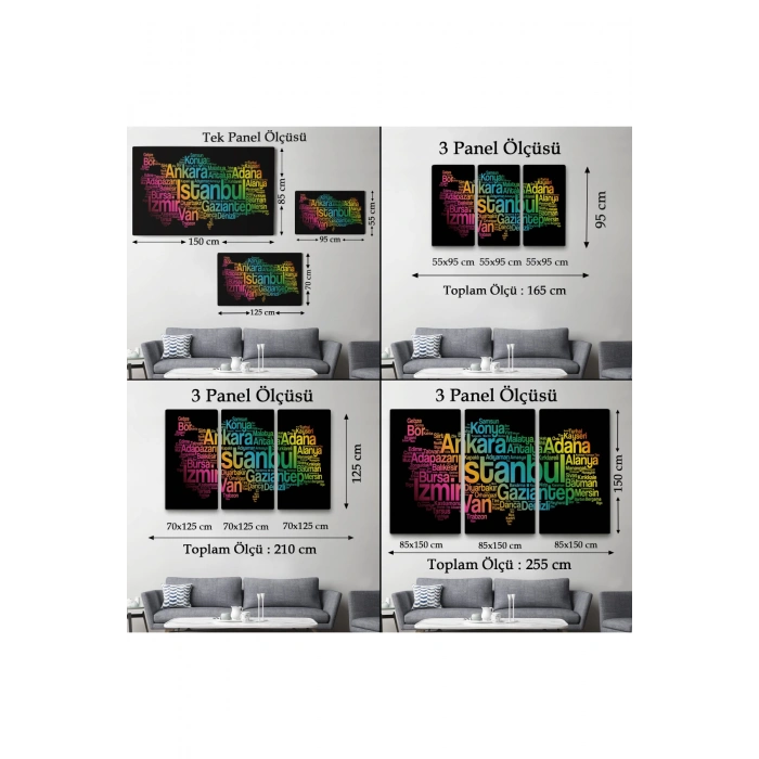 İller İsimli Siyah Zeminli Dekoratif Kanvas Tablo 1016