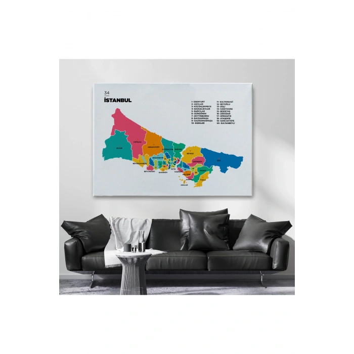 İstanbul  İli ve İlçeler Haritası  Dekoratif Kanvas Tablo 1364