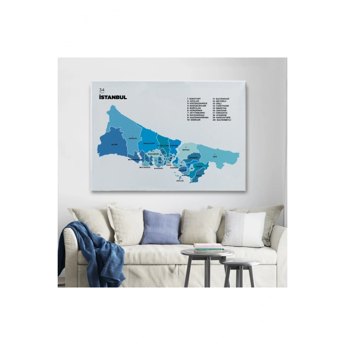 İstanbul  İli ve İlçeler Haritası  Dekoratif Kanvas Tablo 1366