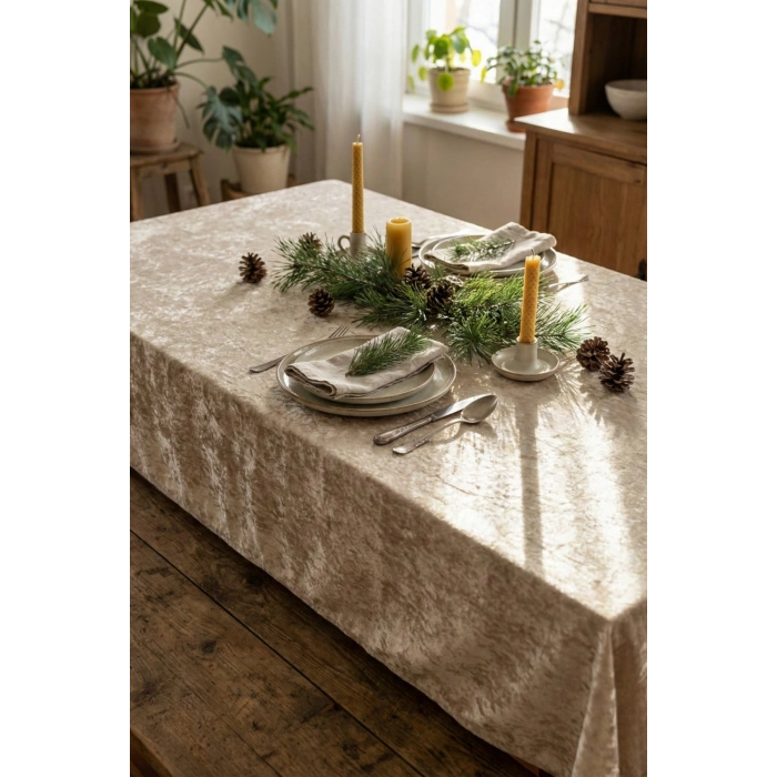 Kadife Keten Dokulu Masa Örtüsü