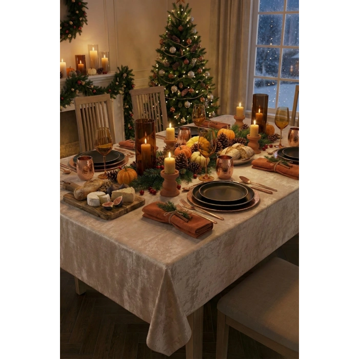Kadife Keten Dokulu Masa Örtüsü