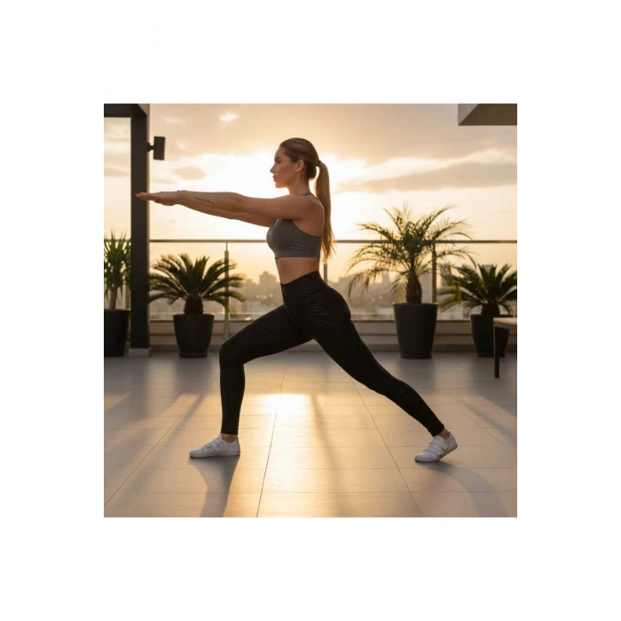 Kadın Siyah Baskılı Toparlayıcı Tayt - Yüksek Bel, Premium Dalgıç Kumaş, Özel Dokulu Tasarım