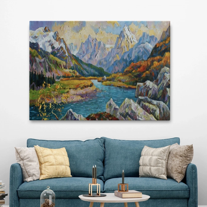 Kafkas Dağları Manzaralı Yağlıboya Görünüm Dekoratif Kanvas Duvar Tablosu-3603