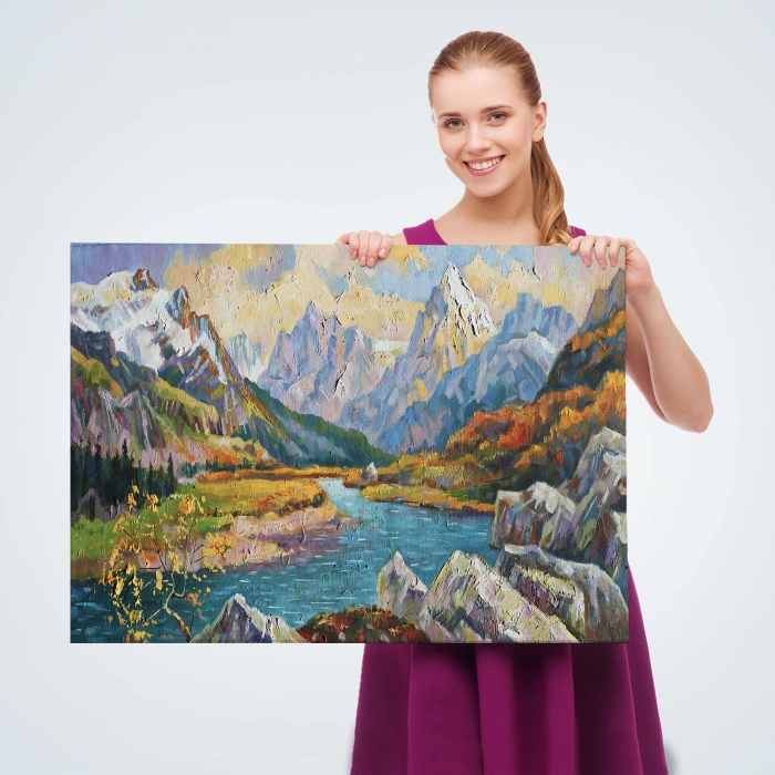 Kafkas Dağları Manzaralı Yağlıboya Görünüm Dekoratif Kanvas Duvar Tablosu-3603