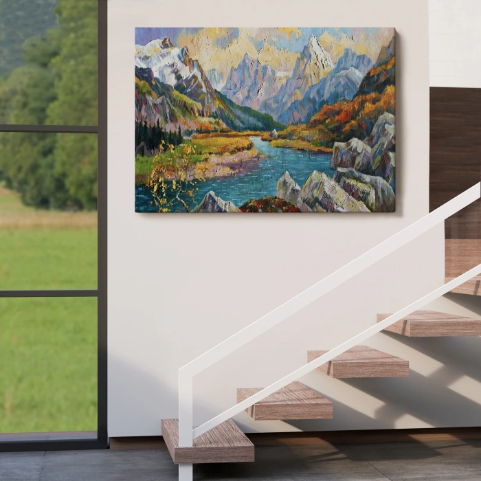 Kafkas Dağları Manzaralı Yağlıboya Görünüm Dekoratif Kanvas Duvar Tablosu-3603