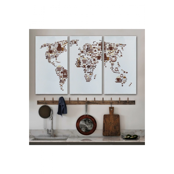 Kahve Coffee Temalı Dünya Haritası  Dekoratif Kanvas Tablo 1087