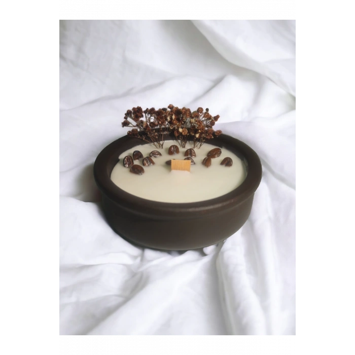 Kahve Kokulu Aromaterapi Mum, Ahşap Fitilli, Dekoratif Doğal Çömlek Mum