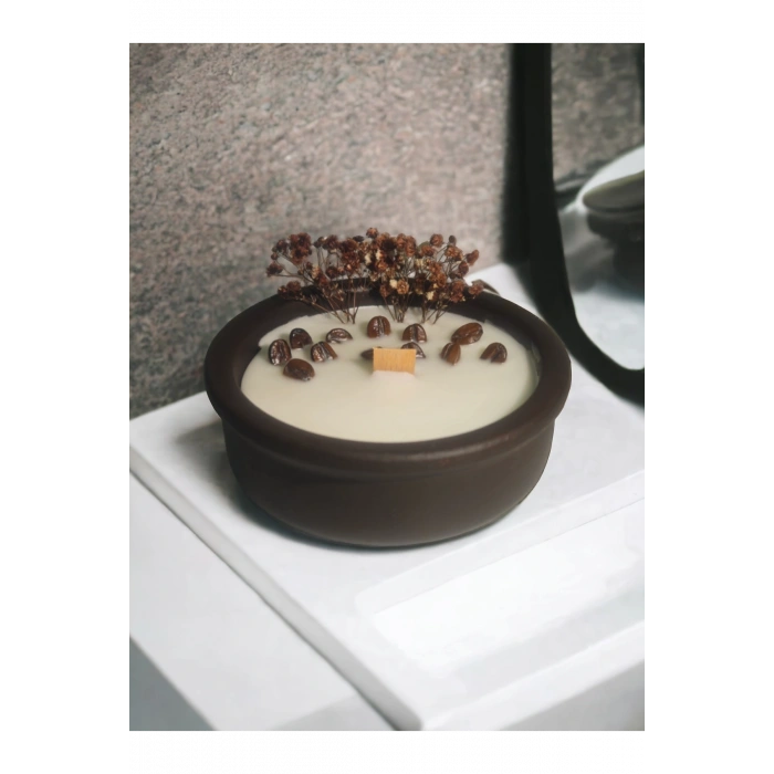 Kahve Kokulu Aromaterapi Mum, Ahşap Fitilli, Dekoratif Doğal Çömlek Mum