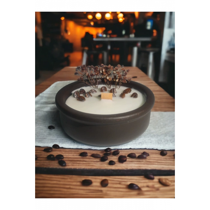 Kahve Kokulu Aromaterapi Mum, Ahşap Fitilli, Dekoratif Doğal Çömlek Mum