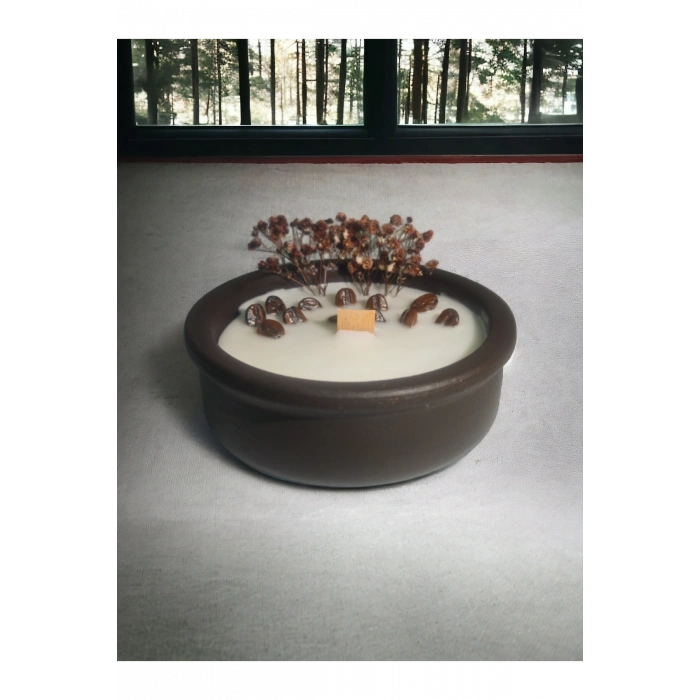 Kahve Kokulu Aromaterapi Mum, Ahşap Fitilli, Dekoratif Doğal Çömlek Mum