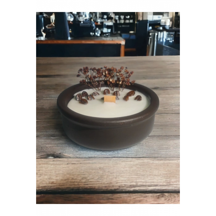 Kahve Kokulu Aromaterapi Mum, Ahşap Fitilli, Dekoratif Doğal Çömlek Mum