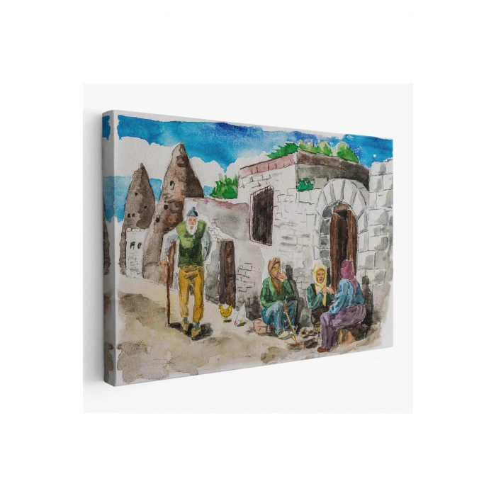 Kapadokya Göremede Bir Köy Suluboya Görünüm Dekoratif Tablo-3756