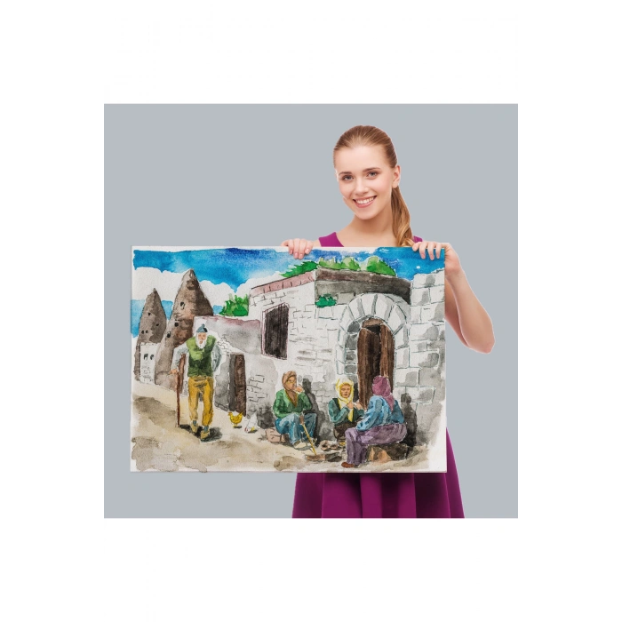 Kapadokya Göremede Bir Köy Suluboya Görünüm Dekoratif Tablo-3756