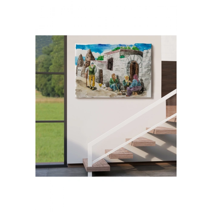 Kapadokya Göremede Bir Köy Suluboya Görünüm Dekoratif Tablo-3756