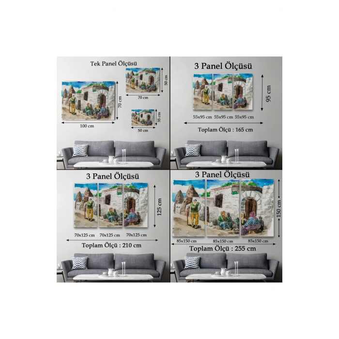 Kapadokya Göremede Bir Köy Suluboya Görünüm Dekoratif Tablo-3756