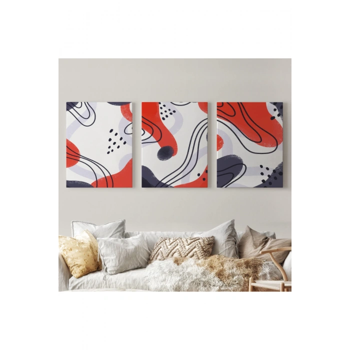 Kırmızı Tonlu Suluboya Görünümlü Soyut Desenler Duvar Tablosu Üçlü Set-EF-105