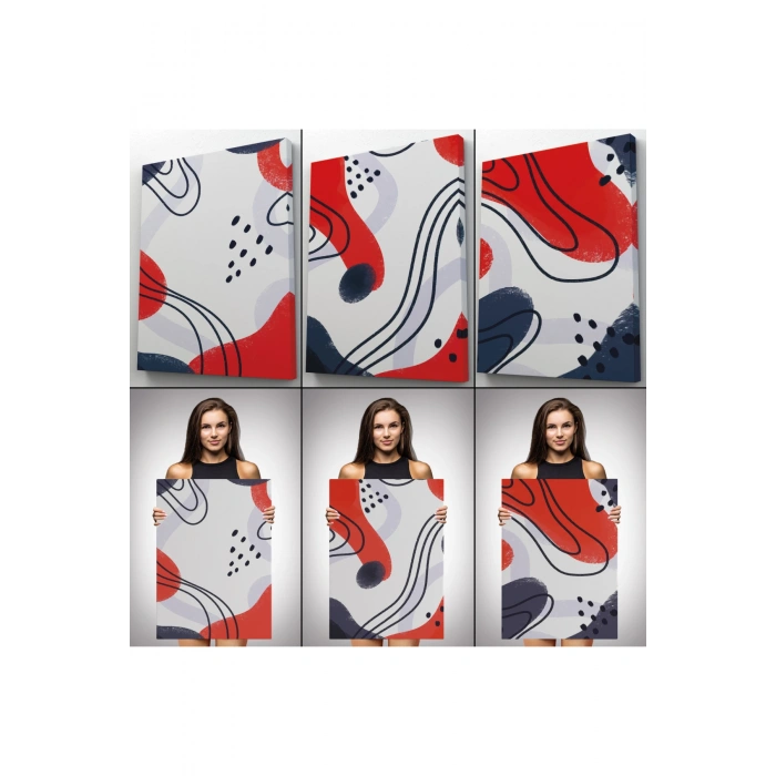 Kırmızı Tonlu Suluboya Görünümlü Soyut Desenler Duvar Tablosu Üçlü Set-EF-105