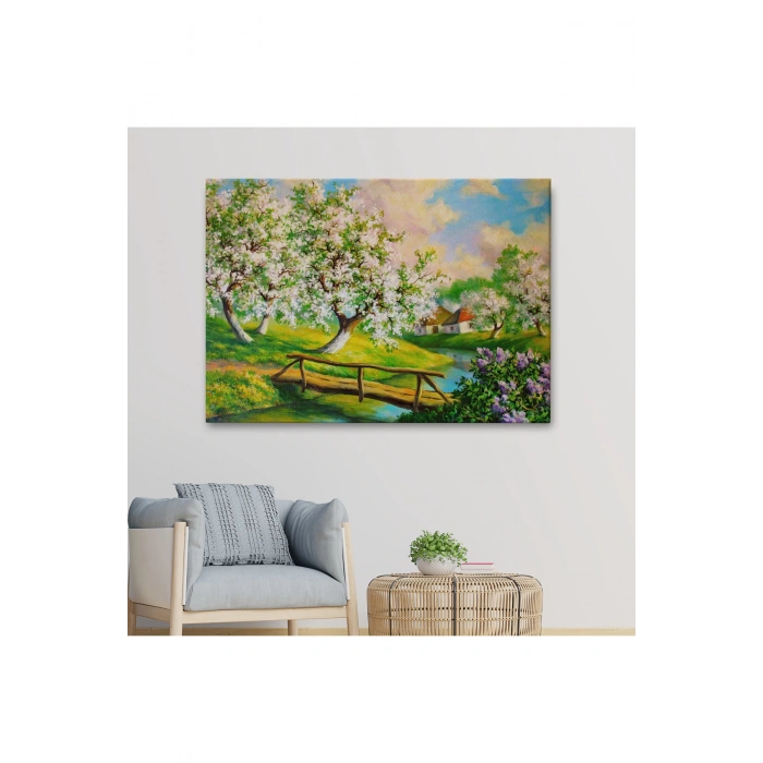 Köy içinden Akan Akarsu Bahar Manzarası Duvar Tablosu-1204