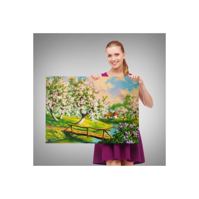 Köy içinden Akan Akarsu Bahar Manzarası Duvar Tablosu-1204