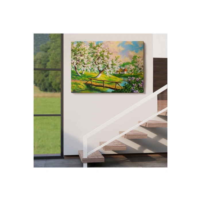 Köy içinden Akan Akarsu Bahar Manzarası Duvar Tablosu-1204