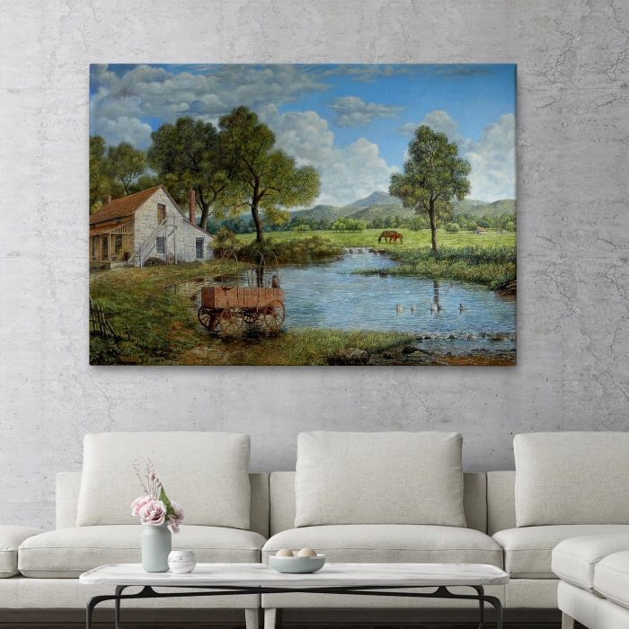 Köy Ve Akarsu Manzaralı Dekoratif Kanvas Duvar Tablosu-3425