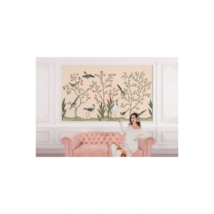 Kuşburnu Ağacı ve Kuşlar Desenli Dekoratif Duvar Kağıdı-5619