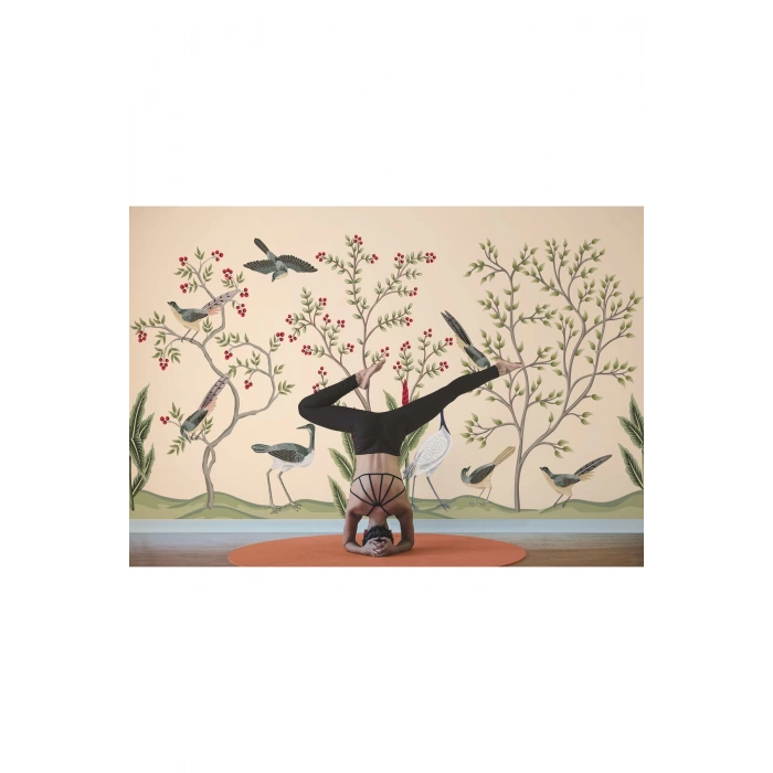 Kuşburnu Ağacı ve Kuşlar Desenli Dekoratif Duvar Kağıdı-5619