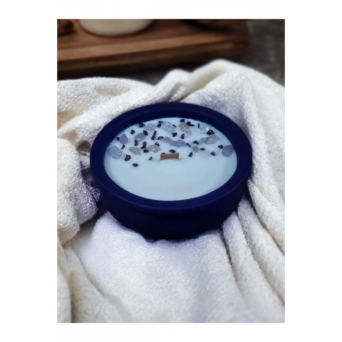 Lavanta Kokulu Aromaterapi Mum, Ahşap Fitilli, Dekoratif Doğal Çömlek Mum