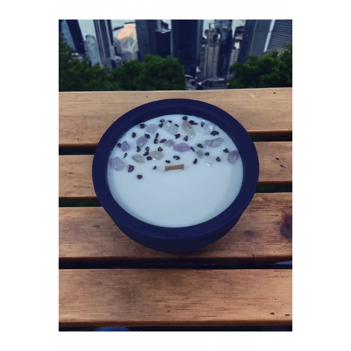 Lavanta Kokulu Aromaterapi Mum, Ahşap Fitilli, Dekoratif Doğal Çömlek Mum