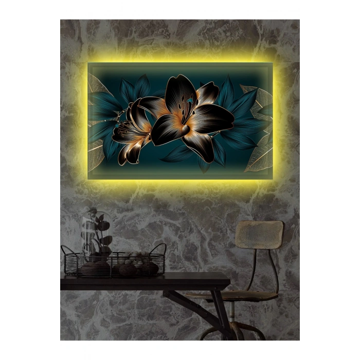 Led Işıklı 3d Gold Mavi Çiçek Kanvas Tablo