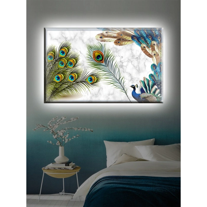 Led Işıklı Dekoratif Tavuskuşu kanvas tablo