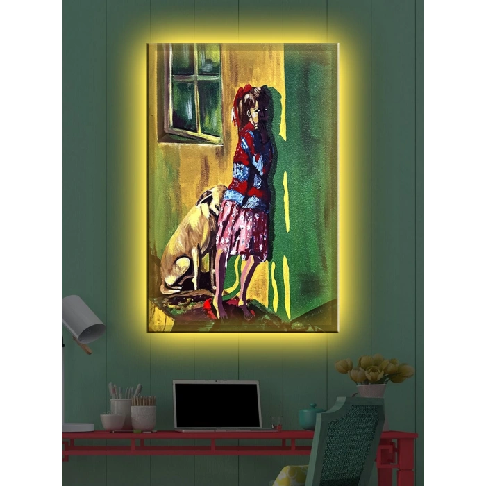Led Işıklı Sanatsal Kız Ve Köpek Tablo