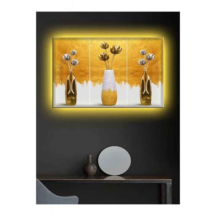 Led Işıklı Üçlü Gold Vazo Çok Şık Kanvas Tablo